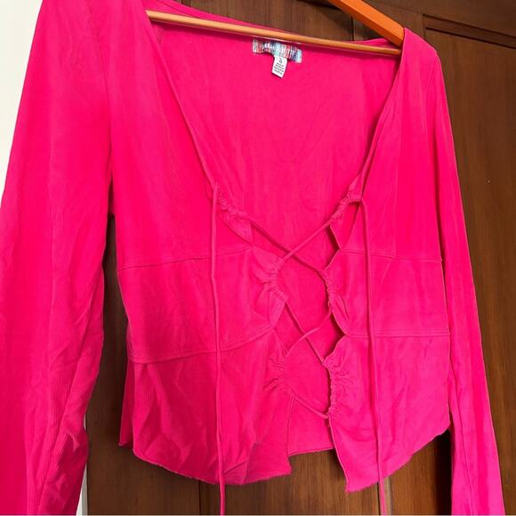 Urban Outfitters Elena Drawstring Cutout Top Hot Pink Long Sleeve Size L - Picture 3 of 7